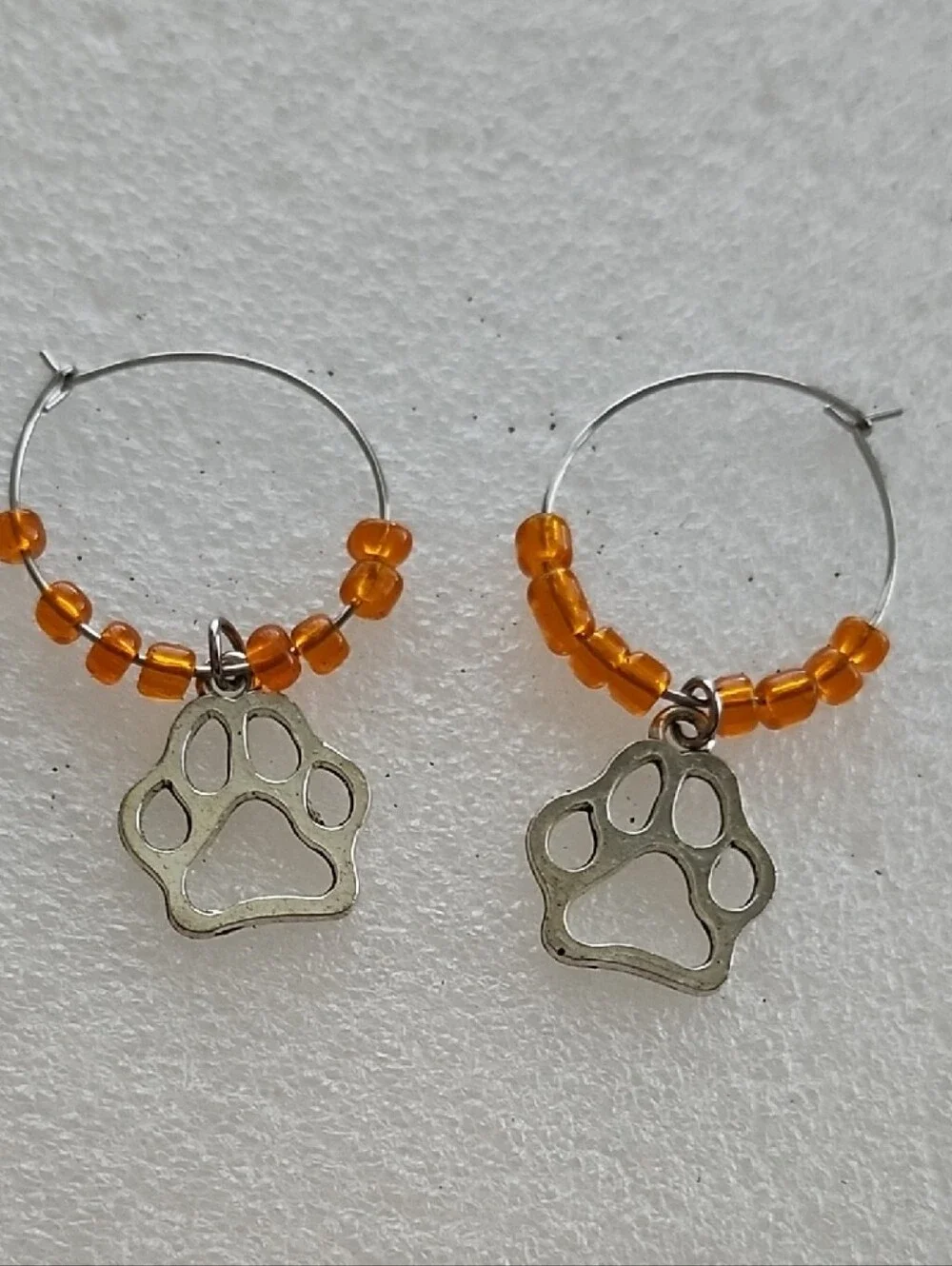 Hand Crafted Orange Beaded Paw Print Hoop Earrings
